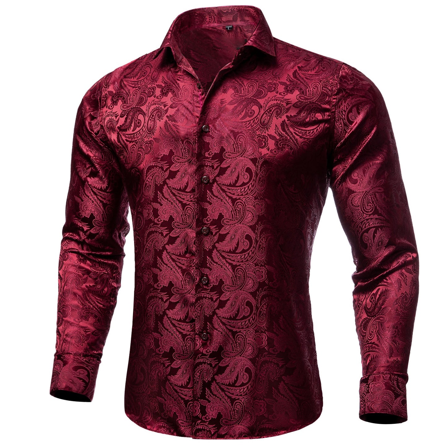 Men's Luxury Design Dark Red Paisley Long Sleeve  Shirt