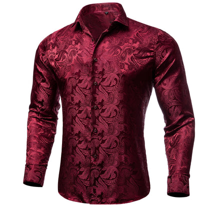 Men's Luxury Design Dark Red Paisley Long Sleeve  Shirt