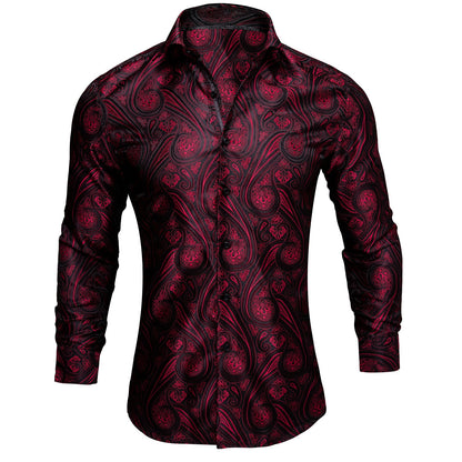Men's Fashion Casual Burgundy Printed Long Sleeve Shirt