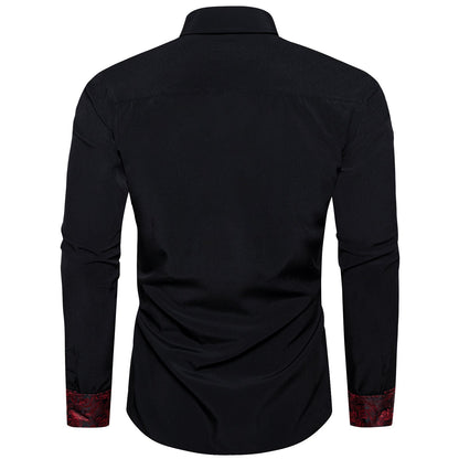 Men's Black Red Paisley Stitching Button Down Long Sleeve Shirt
