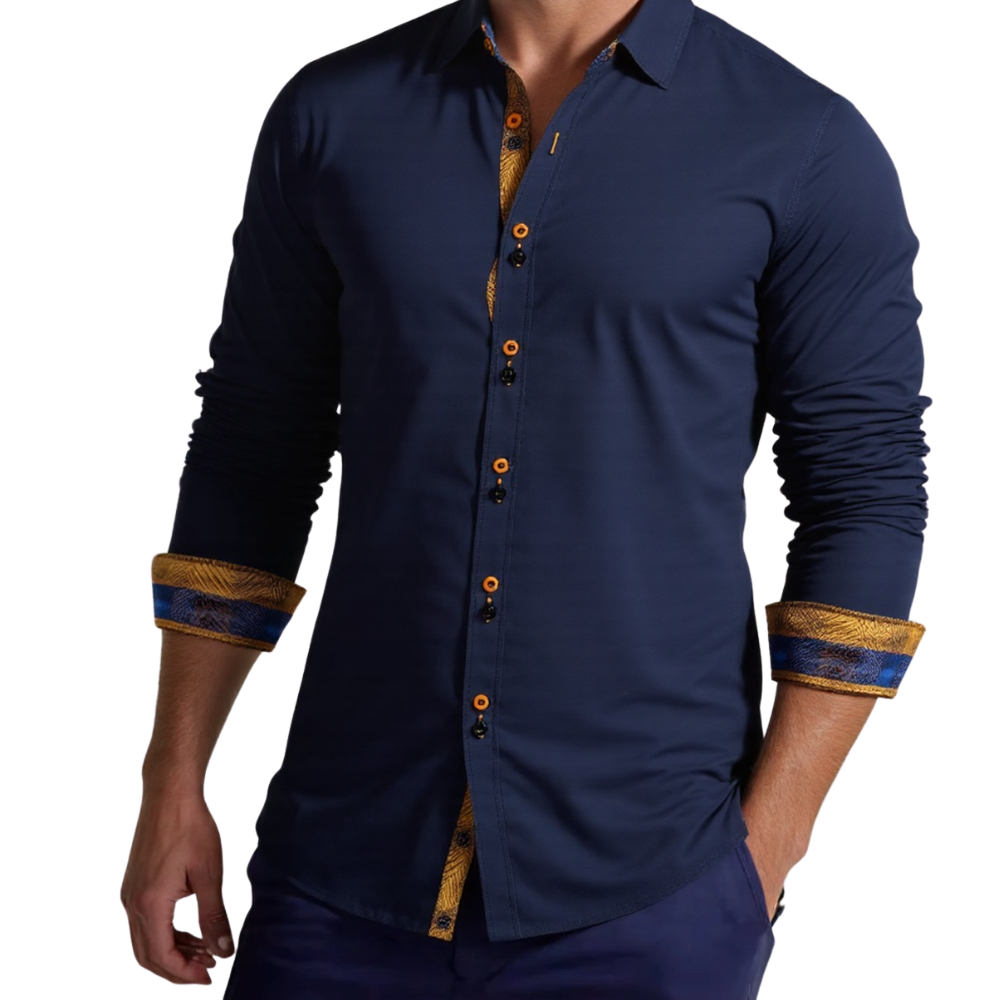 Men's Navy Gold Print Button Long Sleeve Shirt