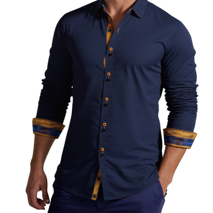 Men's Navy Gold Print Button Long Sleeve Shirt