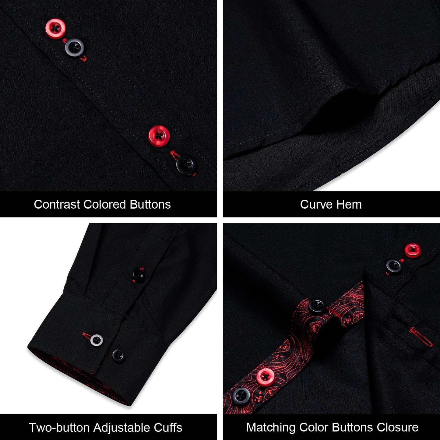 Men's Black Red Paisley Stitching Button Down Long Sleeve Shirt