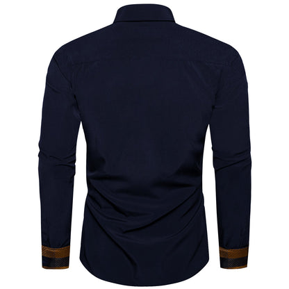 Men's Navy Gold Print Button Long Sleeve Shirt