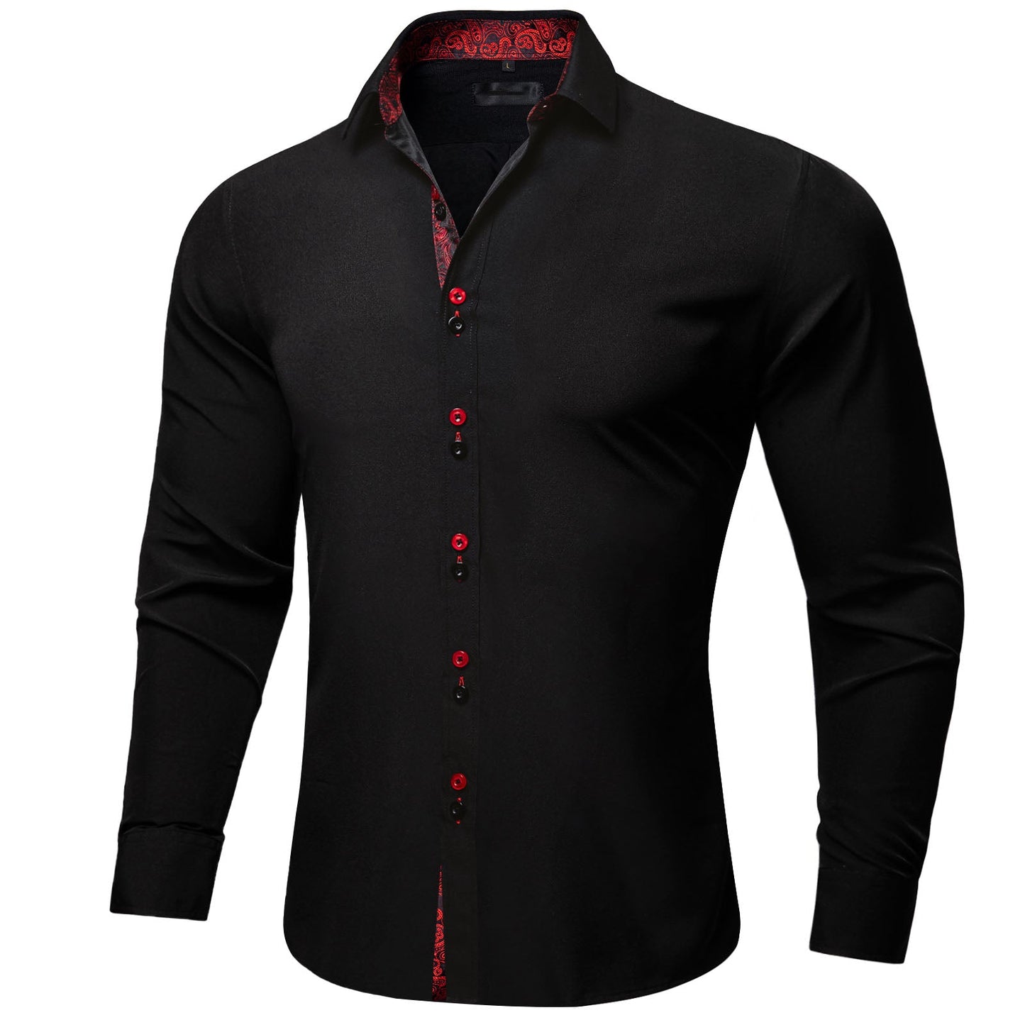 Men's Black Red Paisley Stitching Button Down Long Sleeve Shirt