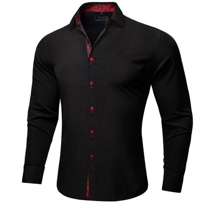 Men's Black Red Paisley Stitching Button Down Long Sleeve Shirt