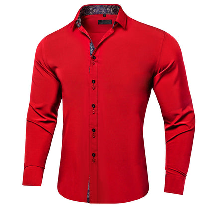 Men's Black Red Paisley Stitching Button Down Long Sleeve Shirt