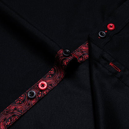 Men's Black Red Paisley Stitching Button Down Long Sleeve Shirt