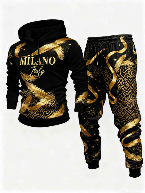 Men's Casual Black & Gold Color Matching Feathers And Ribbons Printed Hoodies Long Sleeved Sweatshirts & Sweatpants Two-Piece Set