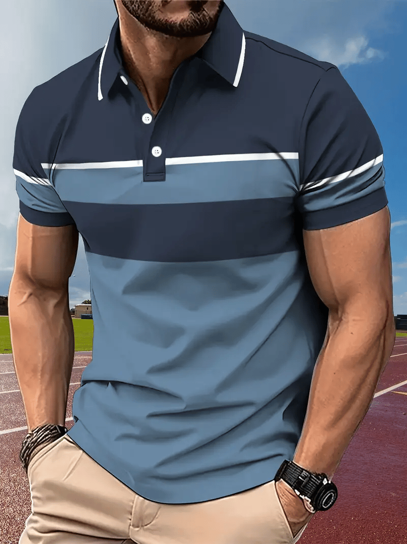 Men's Business Stripe Logo Button-Down Short Sleeve Polo Shirt