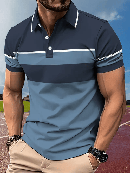 Men's Business Stripe Logo Button-Down Short Sleeve Polo Shirt