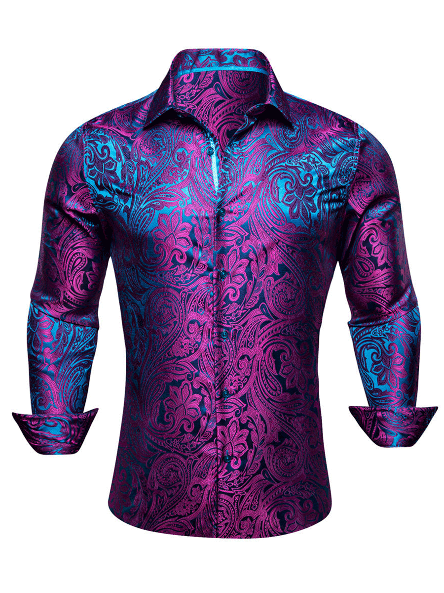 Men's Luxury Design Purple Blue Paisley Long Sleeve  Shirt