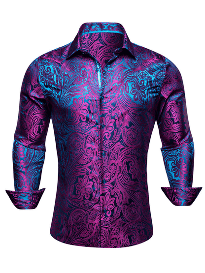 Men's Luxury Design Purple Blue Paisley Long Sleeve  Shirt