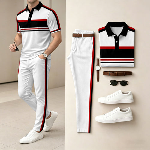 Men's Casual Striped Patchwork-Print Short-Sleeve Polo Shirt and Pants Two-Piece Set