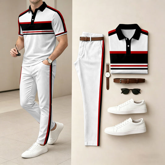 Men's Casual Striped Patchwork-Print Short-Sleeve Polo Shirt and Pants Two-Piece Set