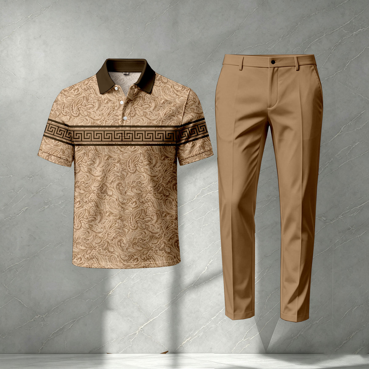 Men's Brown Short-Sleeve Polo Shirt and Pants Set