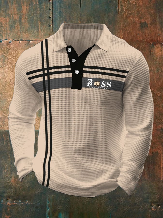 Men's Retro Lettering Design Waffle Fabric Long Sleeve Polo Shirt
