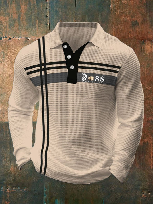 Men's Retro Lettering Design Waffle Fabric Long Sleeve Polo Shirt