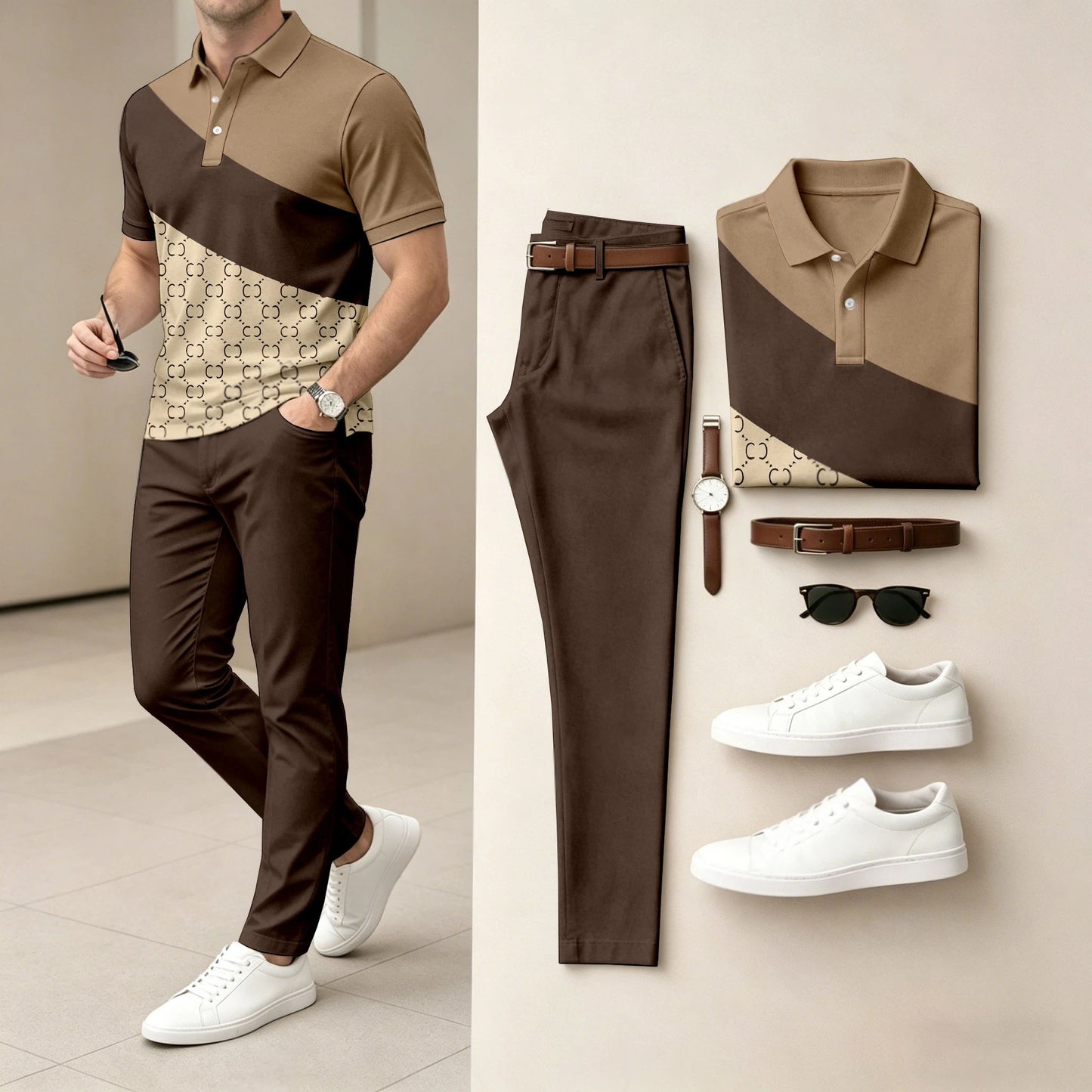 Men's Casual Contrasting Printed Polo Shirt And Pants Two-Piece Set