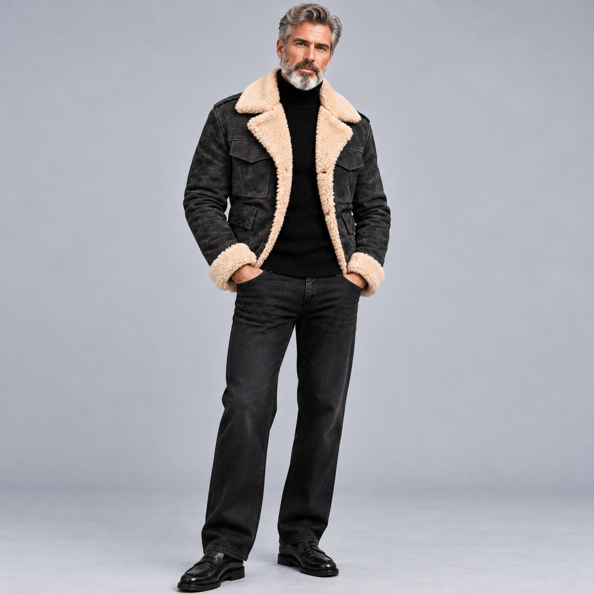 Men's Army Green Suede Multi-Pocket Lapel Collar Single Breasted Thickened Warm Jacket