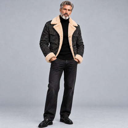 Men's Army Green Suede Multi-Pocket Lapel Collar Single Breasted Thickened Warm Jacket