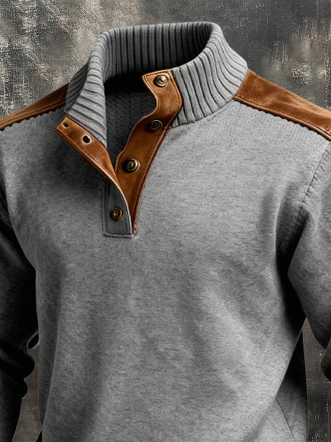 Men's Retro Fleece Warm Patchwork Comfortable Color-Blocked Henry Sweatshirt