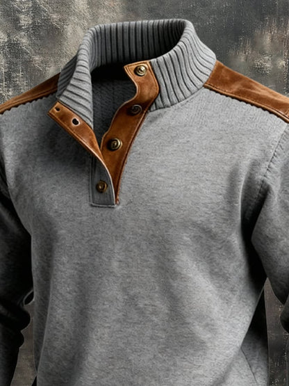 Men's Retro Fleece Warm Patchwork Comfortable Color-Blocked Henry Sweatshirt