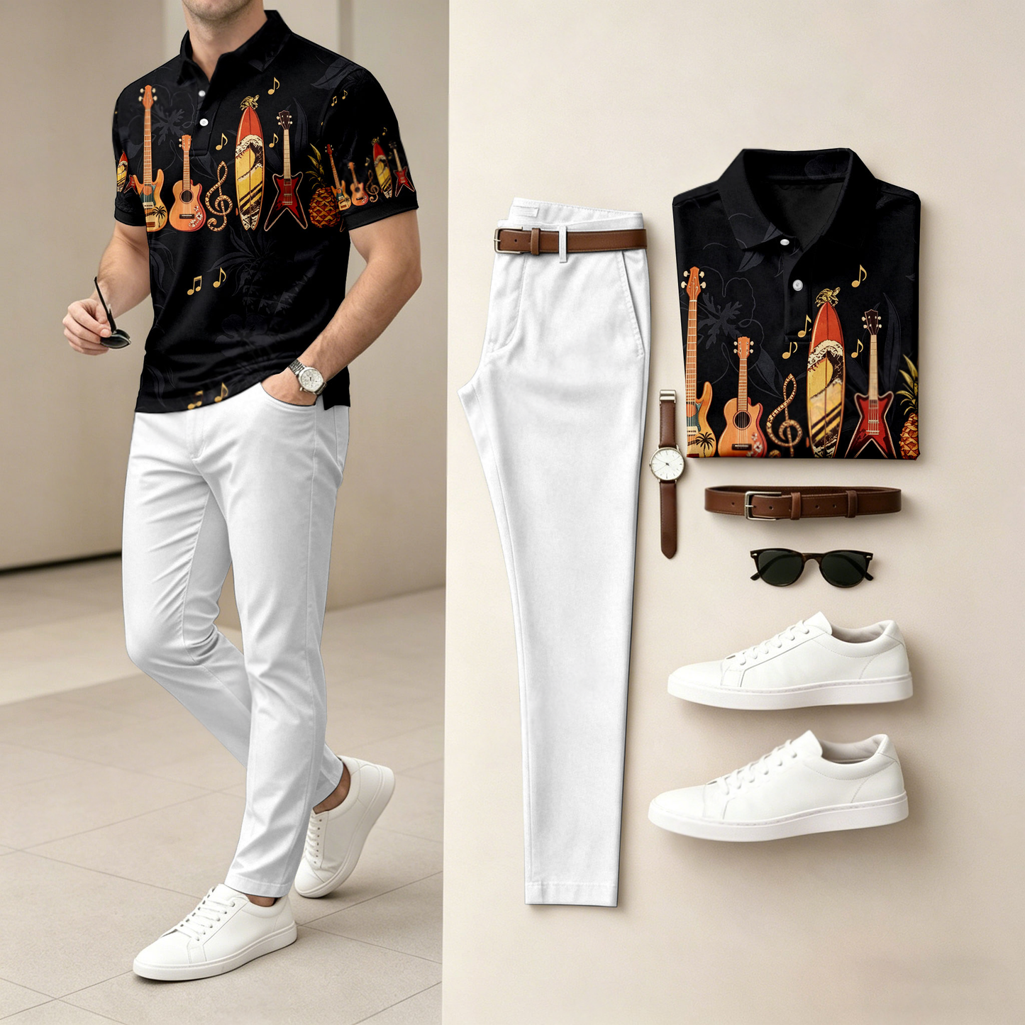 Men's Casual Musical Instrument Print Short-Sleeve Polo Shirt And Pants Set (Excludes Accessories Such As Watches And Belts)