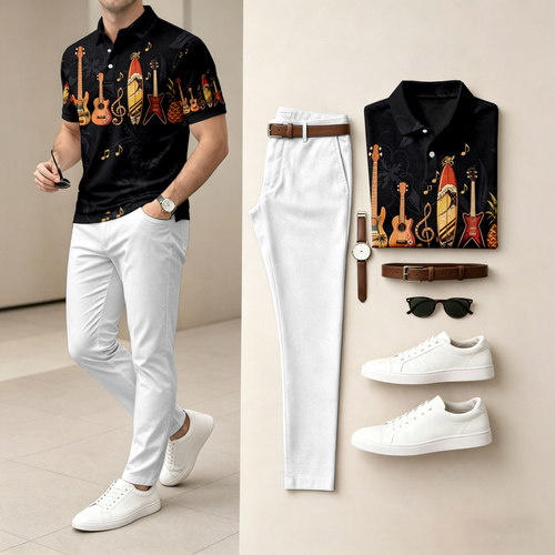 Men's Casual Musical Instrument Print Short-Sleeve Polo Shirt And Pants Set (Excludes Accessories Such As Watches And Belts)