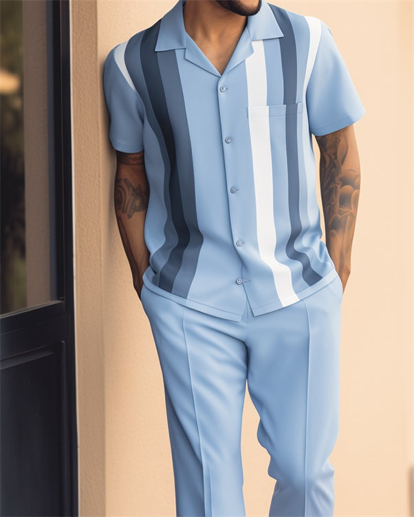 Men's Retro Vertical Striped Short Sleeve Shirt Walking Suit