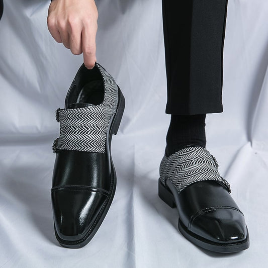 Men's Business Casual Checkered Patchwork Double Monk Imitation Faux Leather Shoes