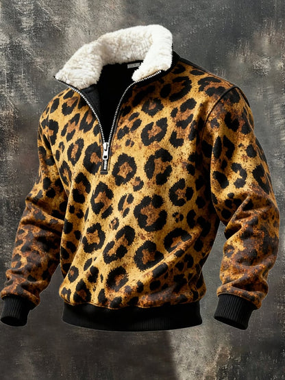 Men's Retro Leopard Print Casual Fur Collar Sweatshirt