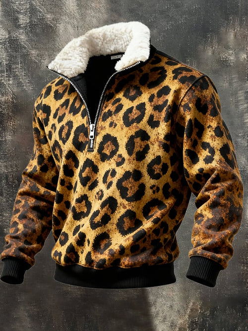 Men's Retro Leopard Print Casual Fur Collar Sweatshirt