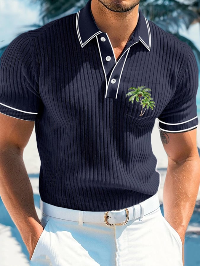 Men's Casual Vacation Coconut Tree Striped Polo