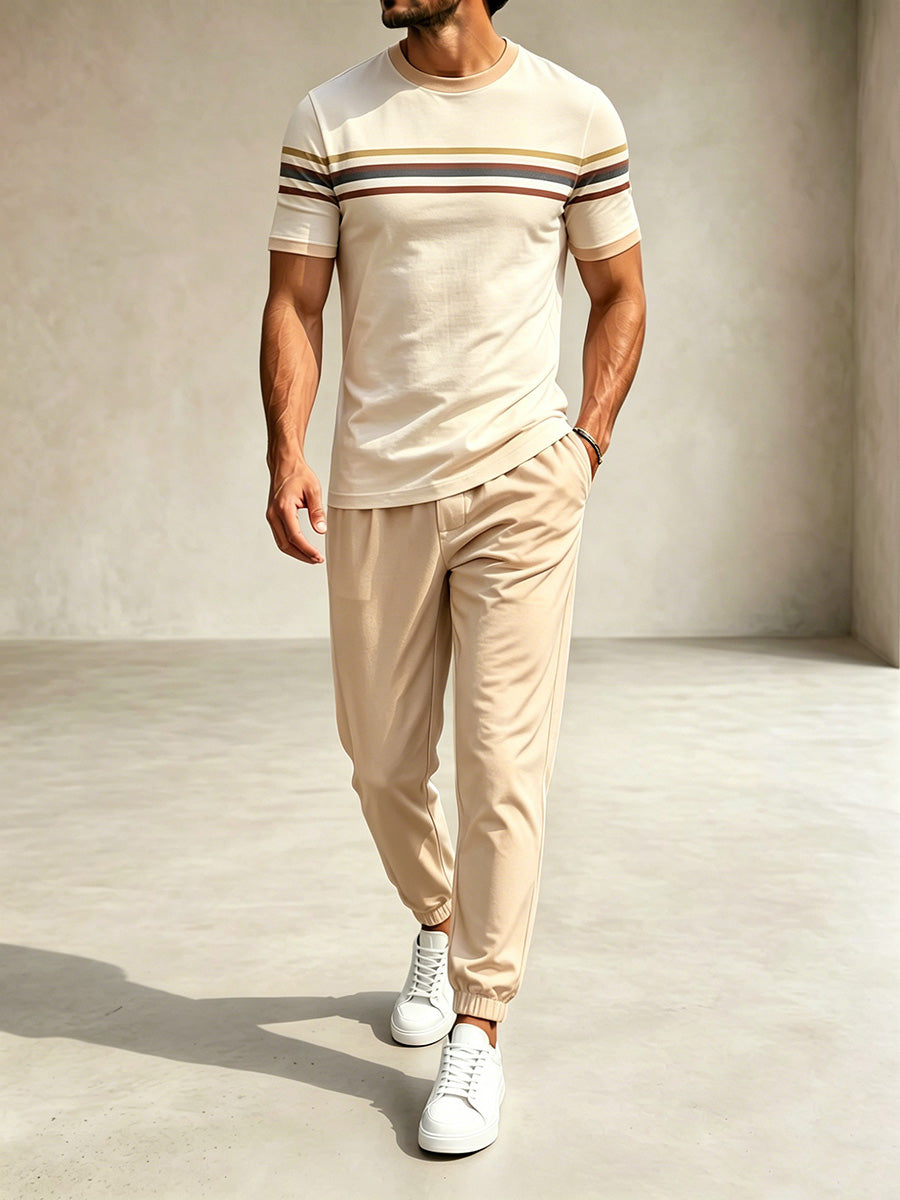 Men's Casual Apricot Color Matching Striped Printed Round Neck T-Shirt & Pants Two-Piece Set