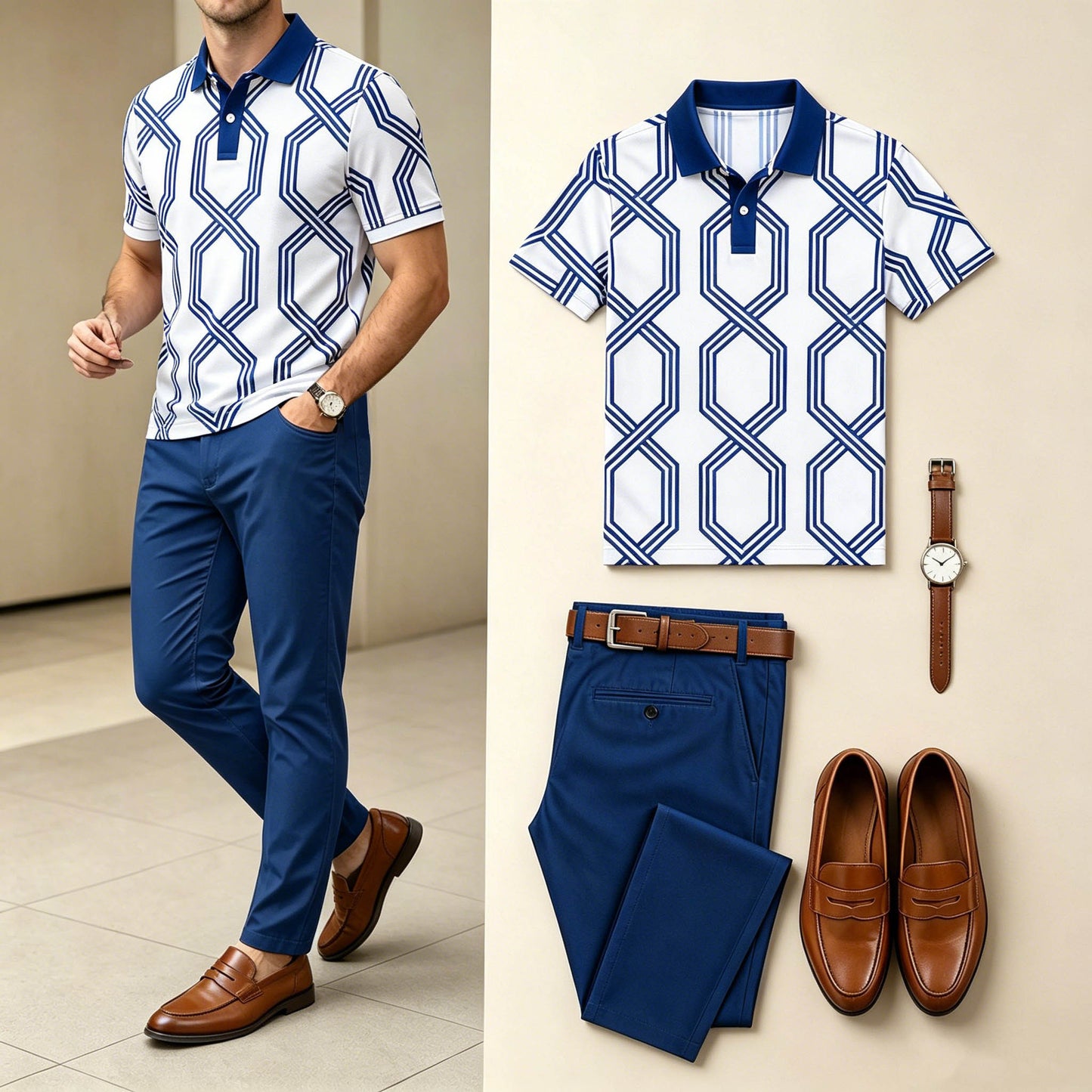 Men's Business Geometric Interlocking Line Print Polo Shirt And Stretch Trousers Two-Piece Outfit Set