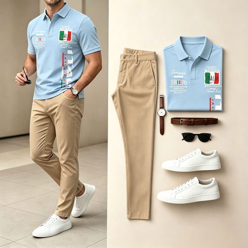Men's Light Blue & Khaki Color Matching Printed Short Sleeves Polo Shirt & Pants Two-Piece Set