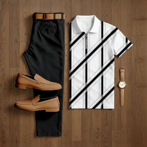 Men's Casual Black & White Color Matching Checkered Printed Short Sleeved Polo Shirt & Trousers Two-Piece Set