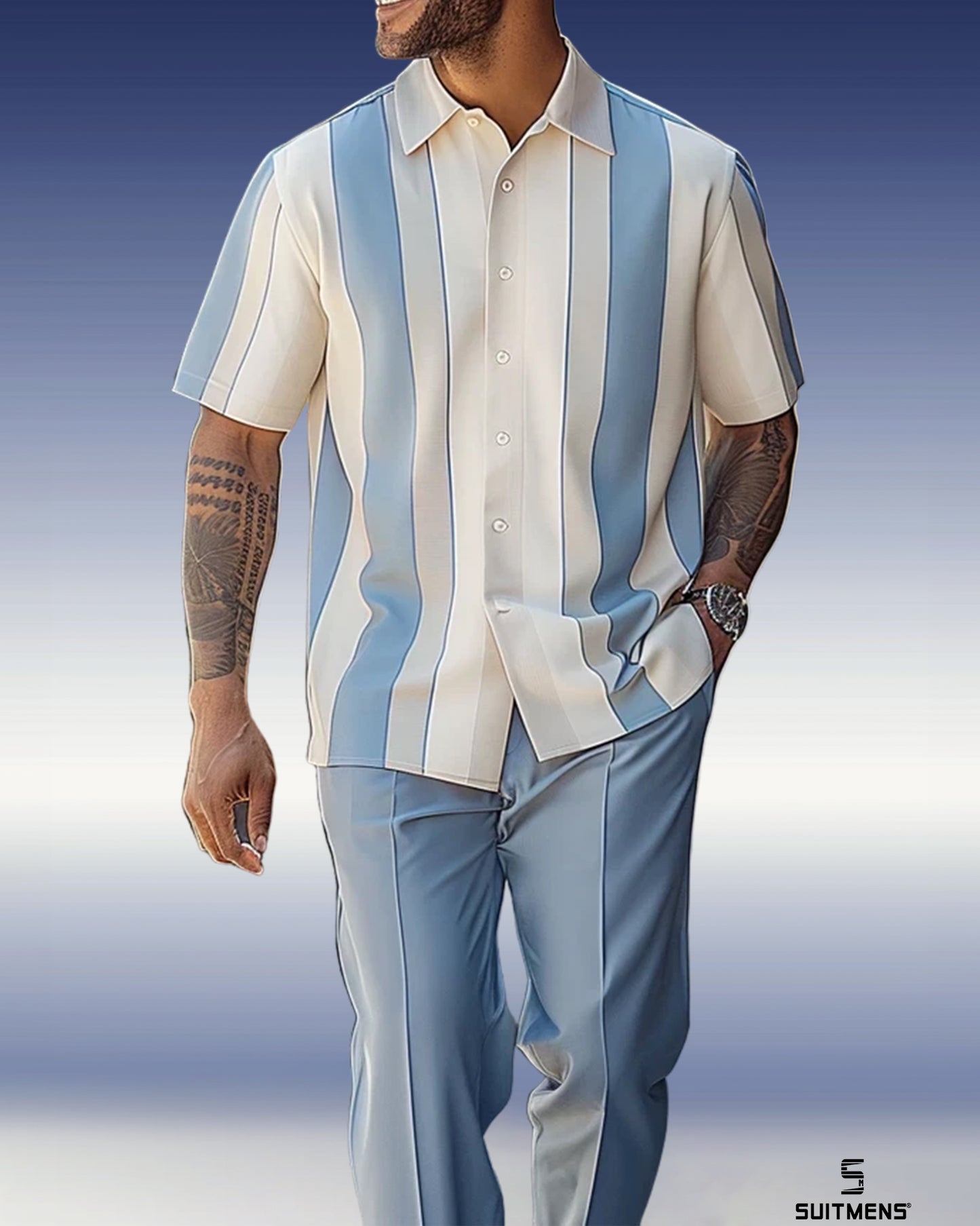 Men's Textured Short Sleeve Printed Two-Piece Walking Pants Set 063