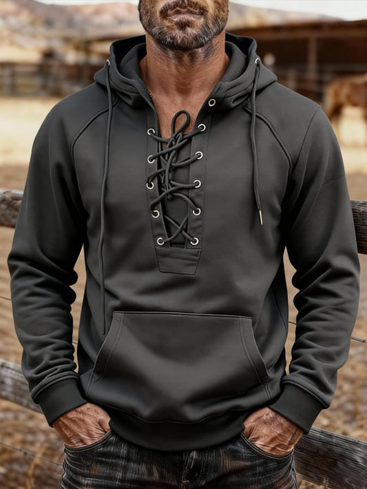 Men's Vintage Outdoor Style Lace-Up Design Warm Hooded Sweatshirt