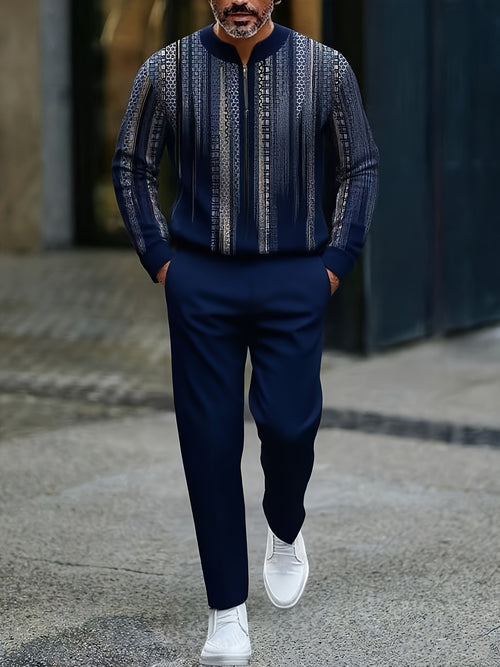 Men's Casual Color Matching Printed Round-Neck Zipper Long Sleeved Trousers Two-Piece Set