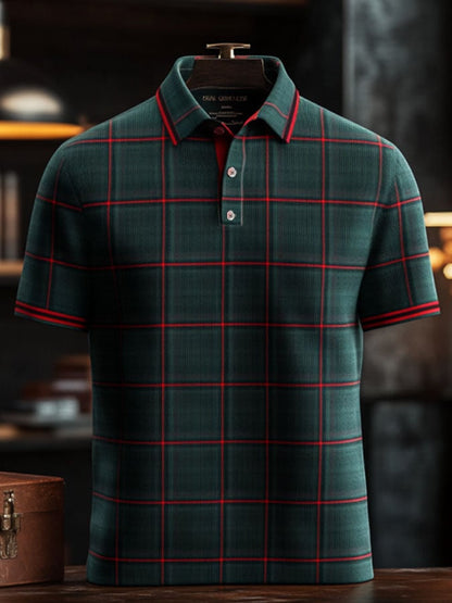 Men'S Casual Classic Plaid Print Business Short-Sleeved Polo Shirt