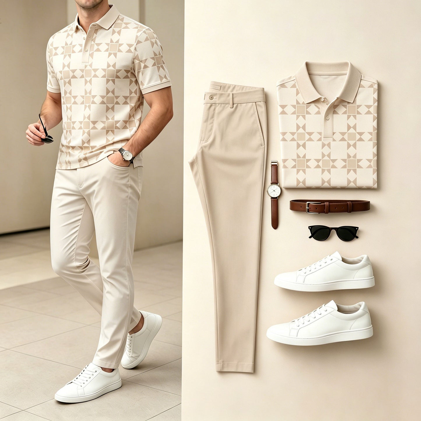 Men's Apricot & Khaki Color Matching Geometric Printed Short Sleeves Polo Shirt & Pants Two-Piece Set