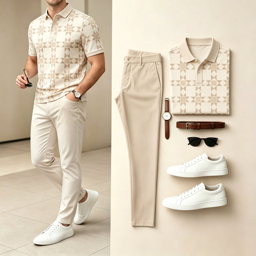 Men's Apricot & Khaki Color Matching Geometric Printed Short Sleeves Polo Shirt & Pants Two-Piece Set