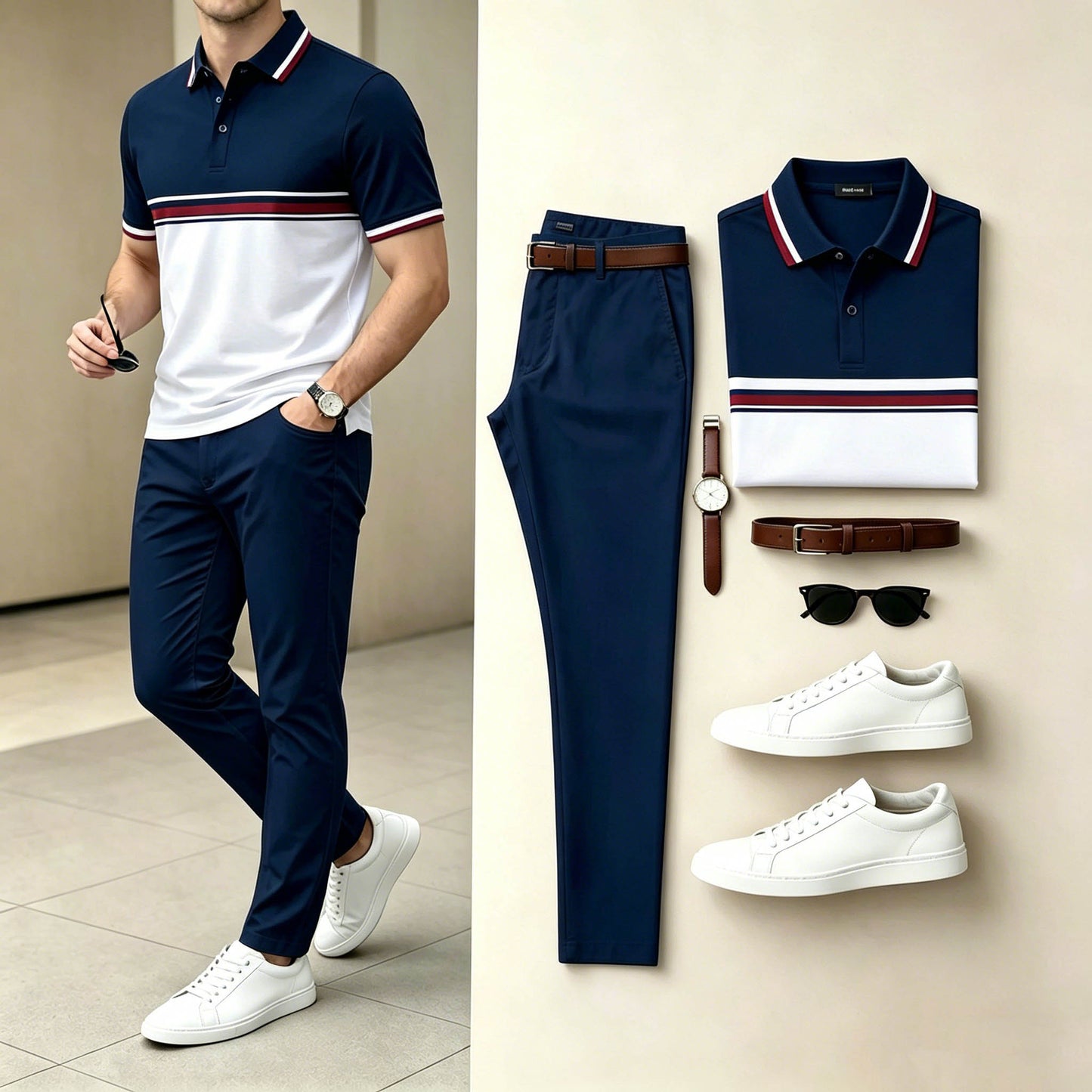 Men's Casual Navy White Horizontal Stripe Polo Shirt & Long Pants Two-Piece Set