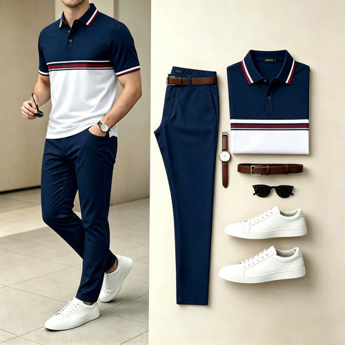 Men's Casual Navy White Horizontal Stripe Polo Shirt & Long Pants Two-Piece Set