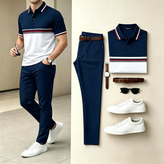 Men's Casual Navy White Horizontal Stripe Polo Shirt & Long Pants Two-Piece Set