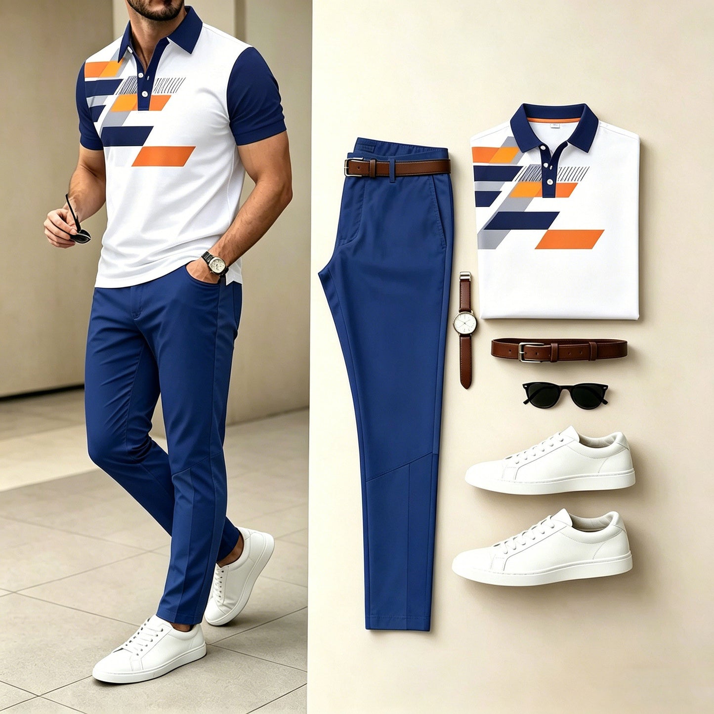 Men's Casual White Navy Orange Geometric Printed Polo Shirt & Navy Pants Two-Piece Set