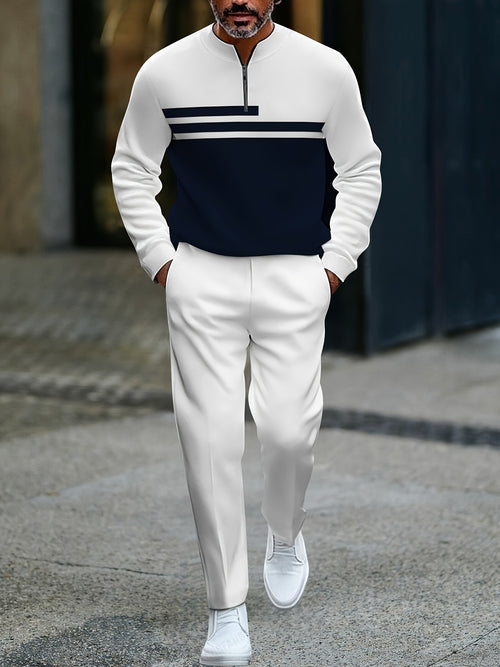 Men's Casual Navy Blue & White Color Matching Geometric Printed Round-Neck Zipper Long Sleeved Tops & Trousers Two-Piece Set
