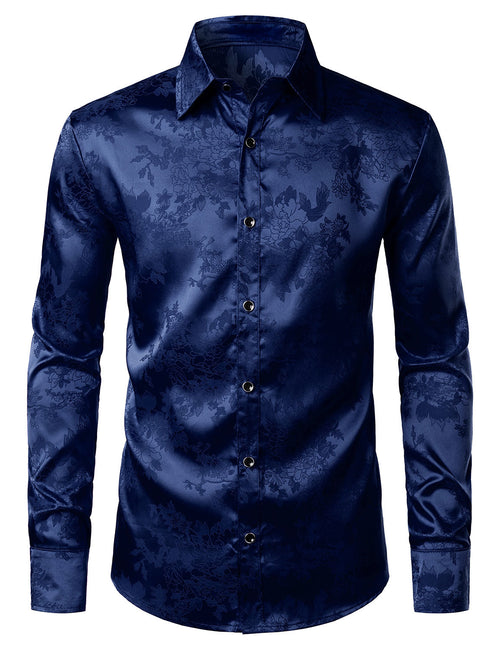 Men's Casual Shiny Satin Floral Jacquard Blue Long Sleeve Button Up Dress Shirt